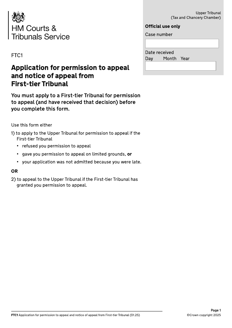 FTC1 Application for permission to appeal and Notice of Appeal from First tier Tribunal Tax and Chancery Chamber preview