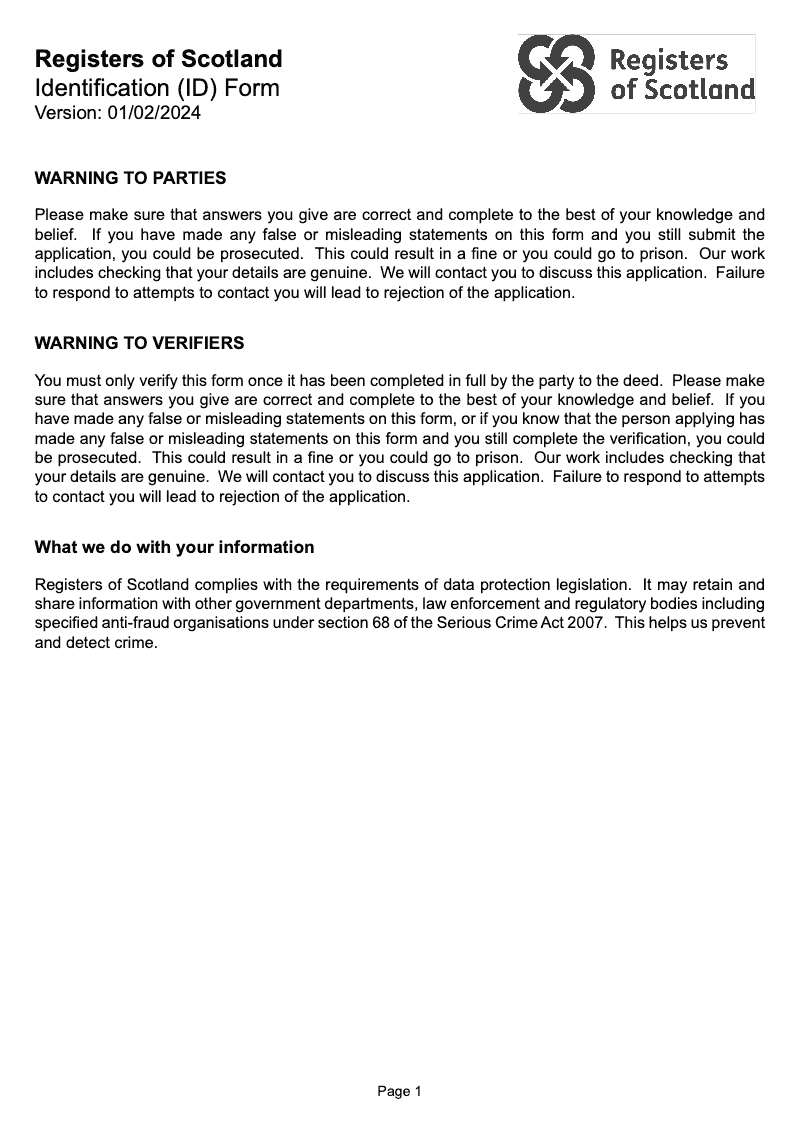 ID Registers of Scotland Identification ID Form preview