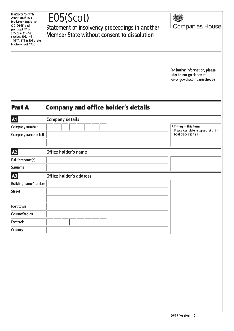 IE05 Scot Statement of insolvency proceedings in another Member State without consent to dissolution For companies registered in Scotland preview