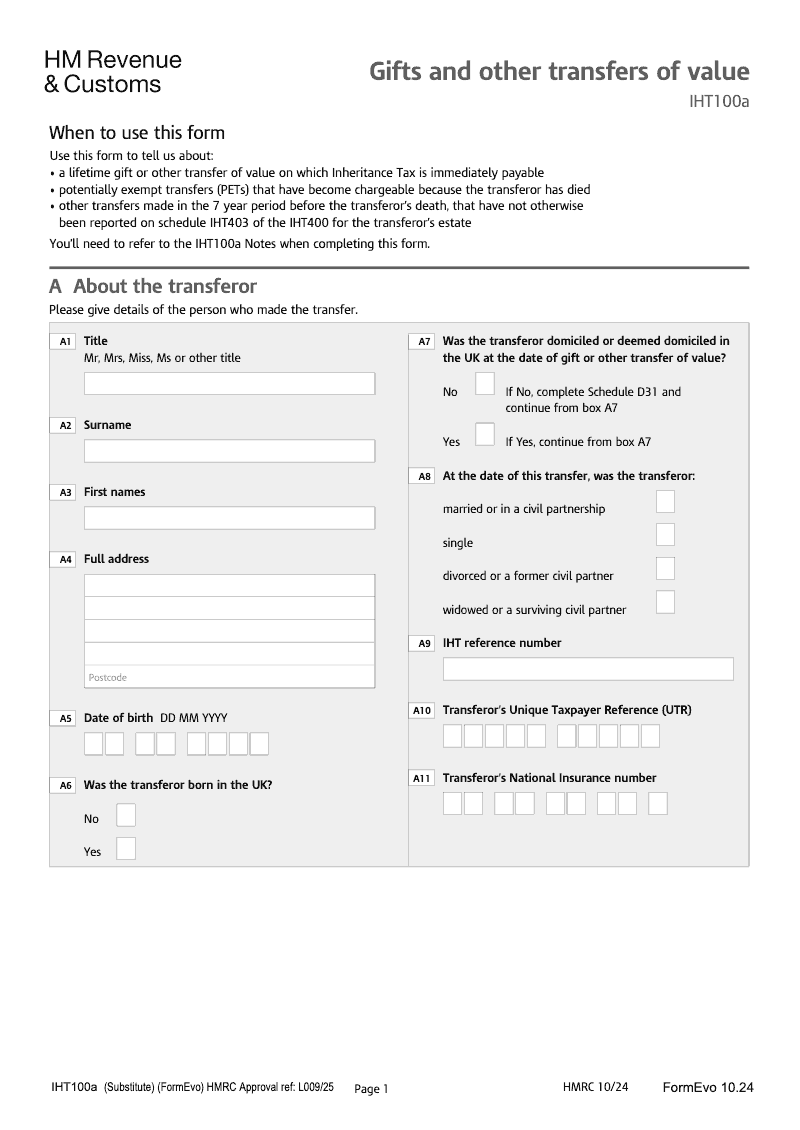 IHT100a 2025 Gifts and Other Transfers of Value preview