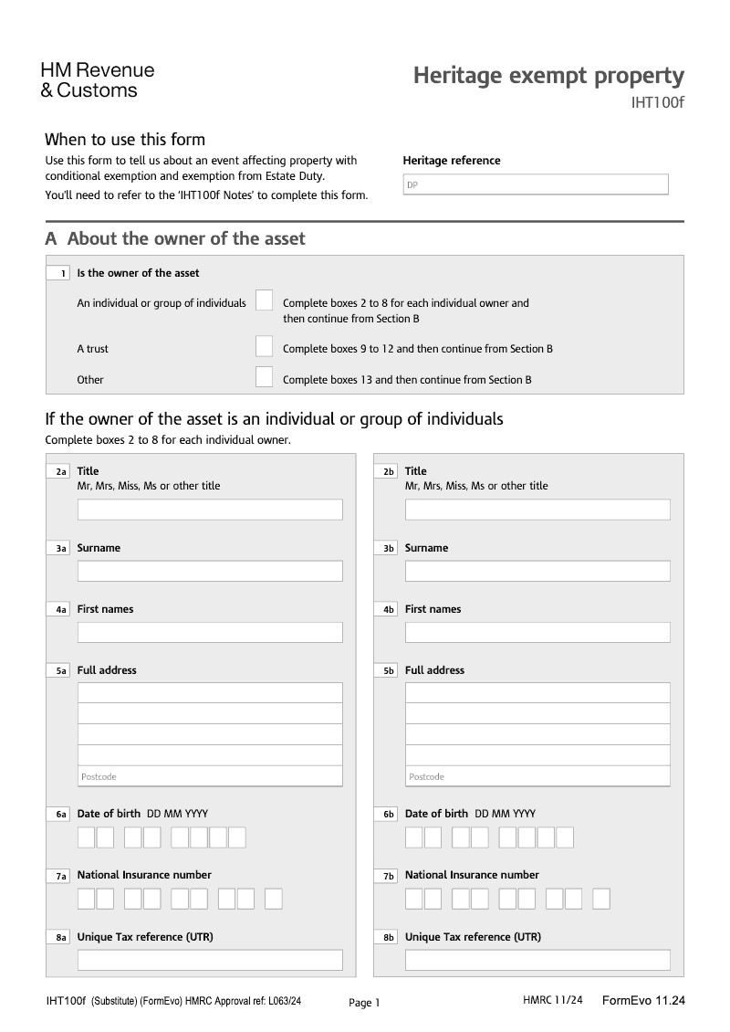 IHT100f 2025 Heritage exempt property preview