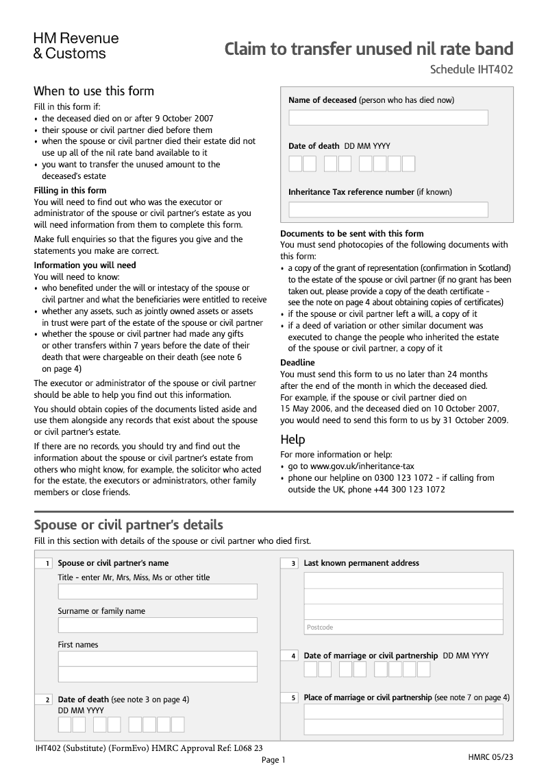 IHT402 Claim to transfer unused nil rate band Schedule IHT402 preview