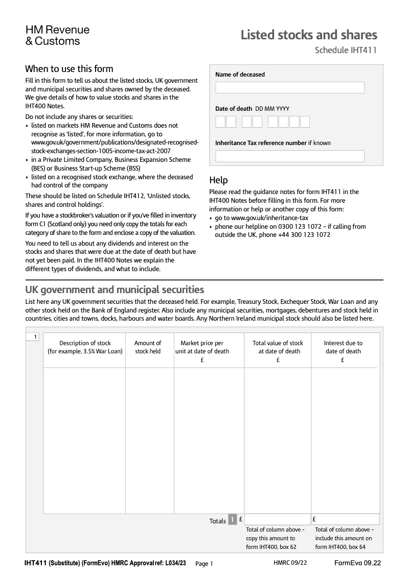 IHT411 Listed stocks and shares Schedule IHT411 preview