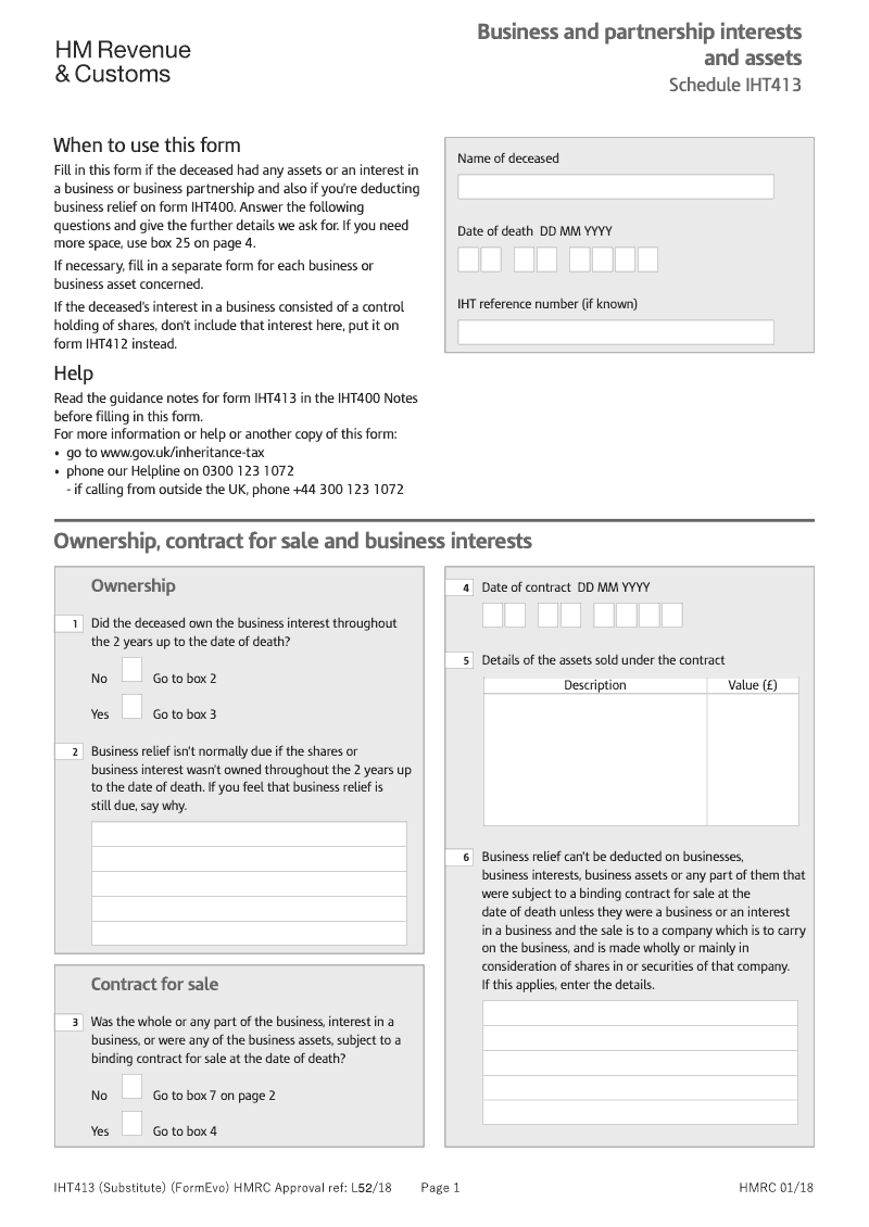 IHT413 Business and partnership interests and assets Schedule IHT413 preview