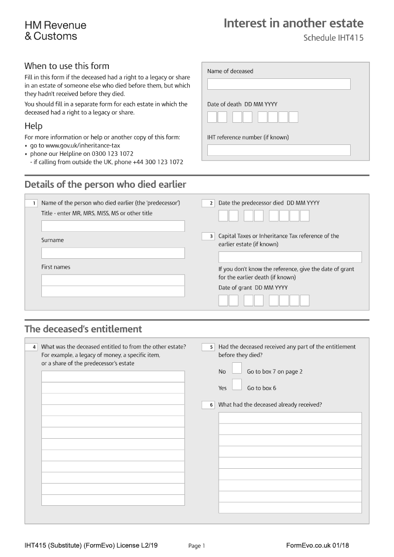 IHT415 Interest in another estate Schedule IHT415 preview