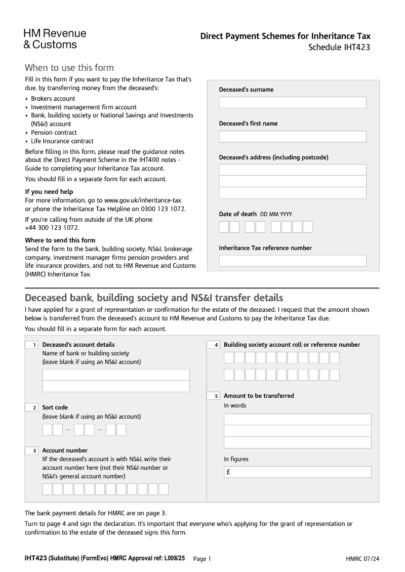 IHT423 Direct Payment Scheme Bank or building society account Schedule IHT423 preview