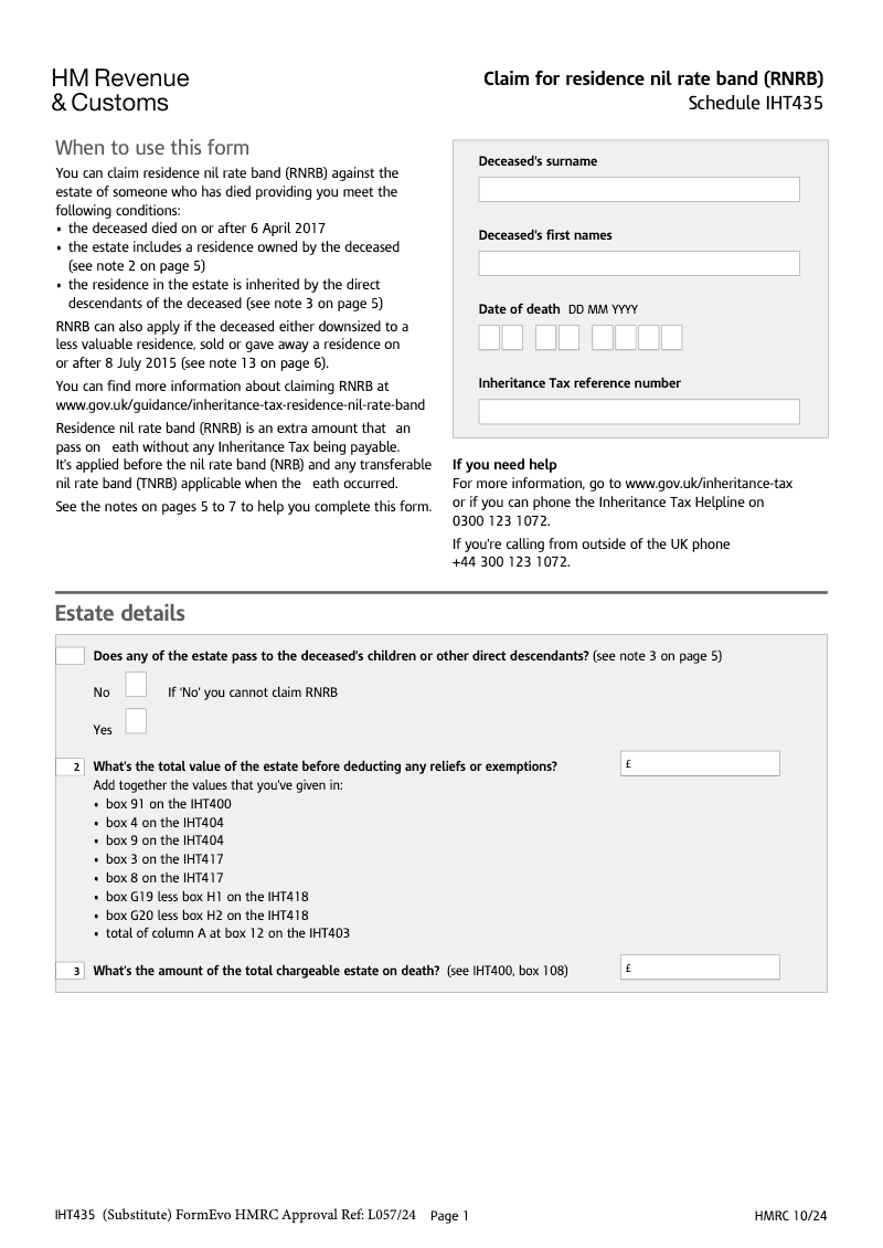 IHT435 Claim for residence nil rate band RNRB Schedule IHT435 preview