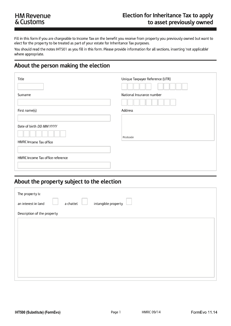 IHT500 Election for Inheritance Tax to apply to asset previously owned preview