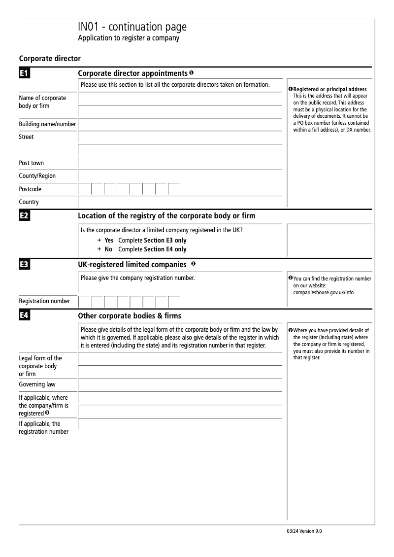 IN01 Continuation Page 4 Section E Corporate director appointments continuation page IN01 Application to register a company Section 9 preview