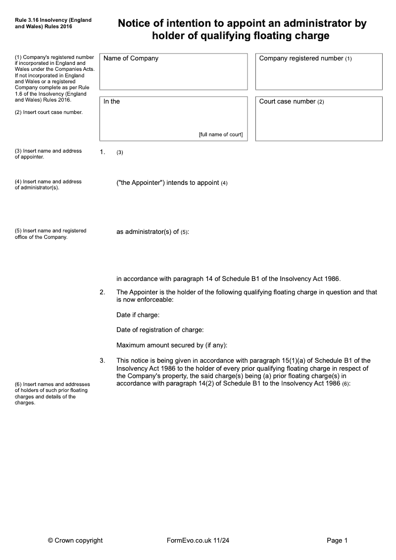 INR3_16 Notice of intention to appoint an administrator by holder of qualifying floating charge preview