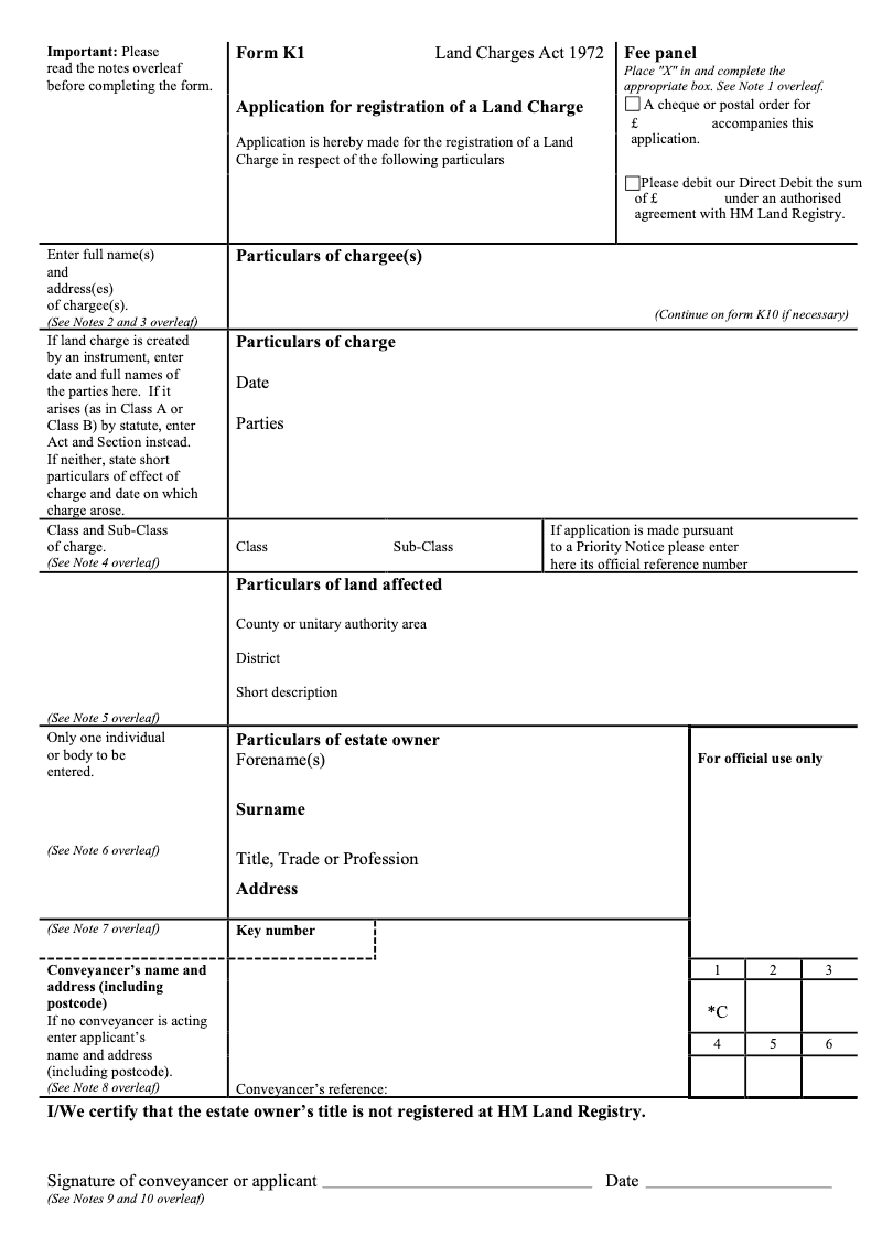 K1 Application for registration of a Land Charge Land Charges Act 1972 preview