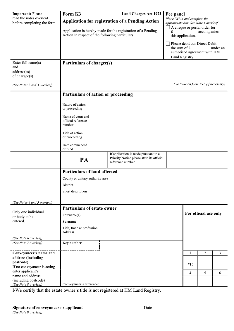 K3 Application for registration of a Pending Action Land Charges Act 1972 preview