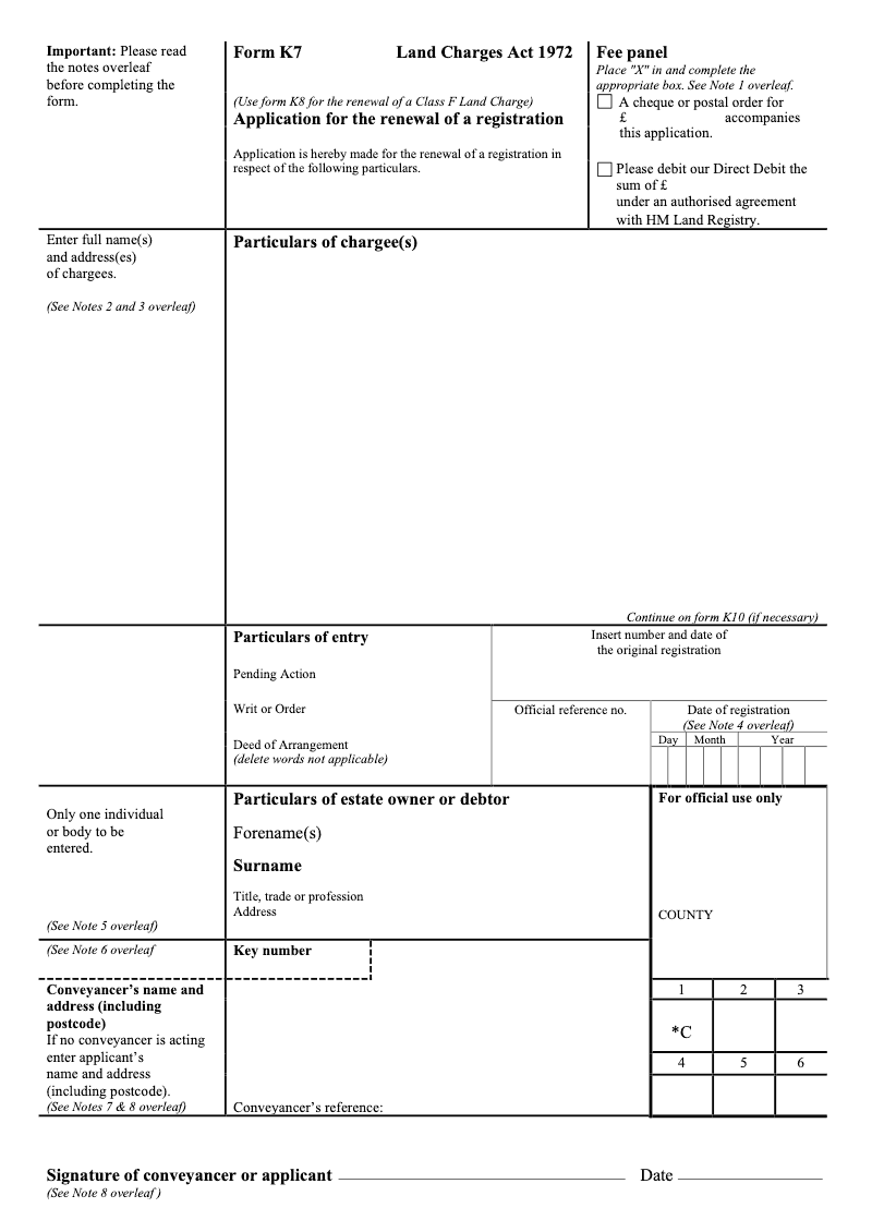 K7 Application for the renewal of a registration Land Charges Act 1972 preview