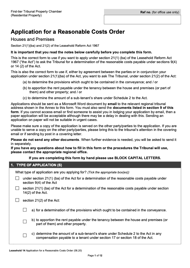 Leasehold 14 Application for a Reasonable Costs Order Houses and Premises Section 21 1 ba and 21 2 of the Leasehold Reform Act 1967 First tier Tribunal Property Chamber Residential Property preview