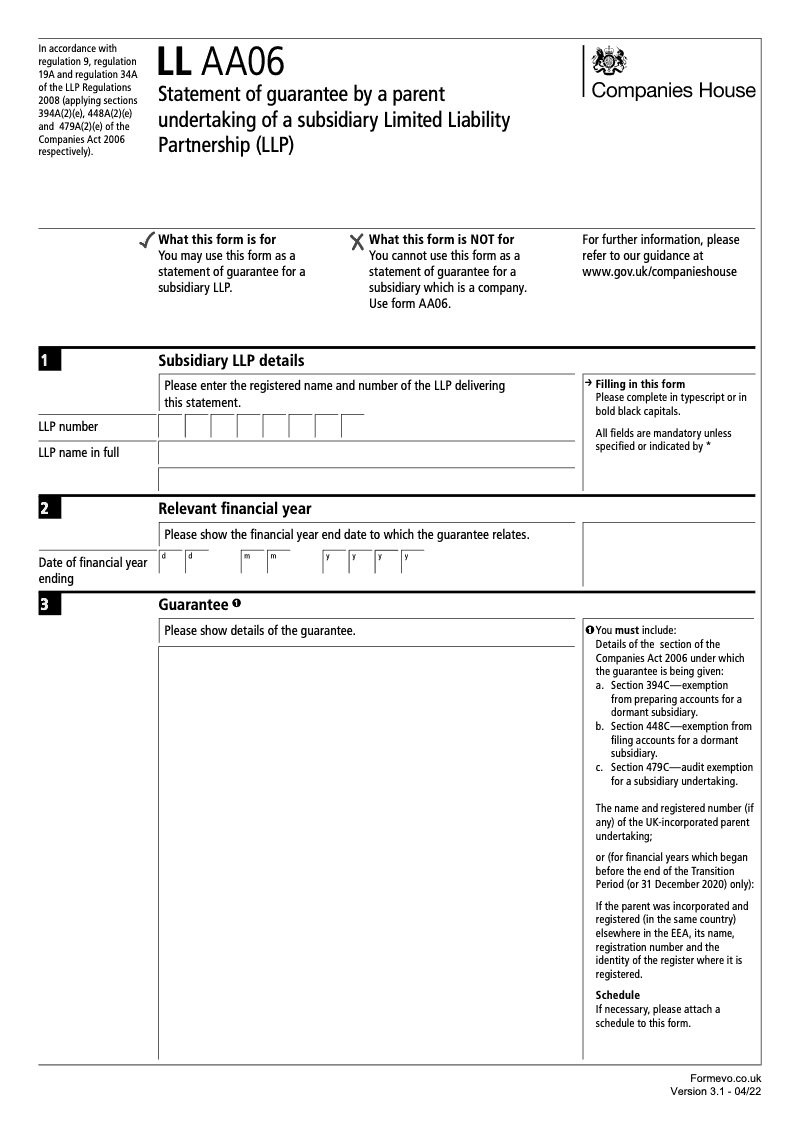 LL AA06 Statement of guarantee by a parent undertaking of a subsidiary Limited Liability Partnership LLP