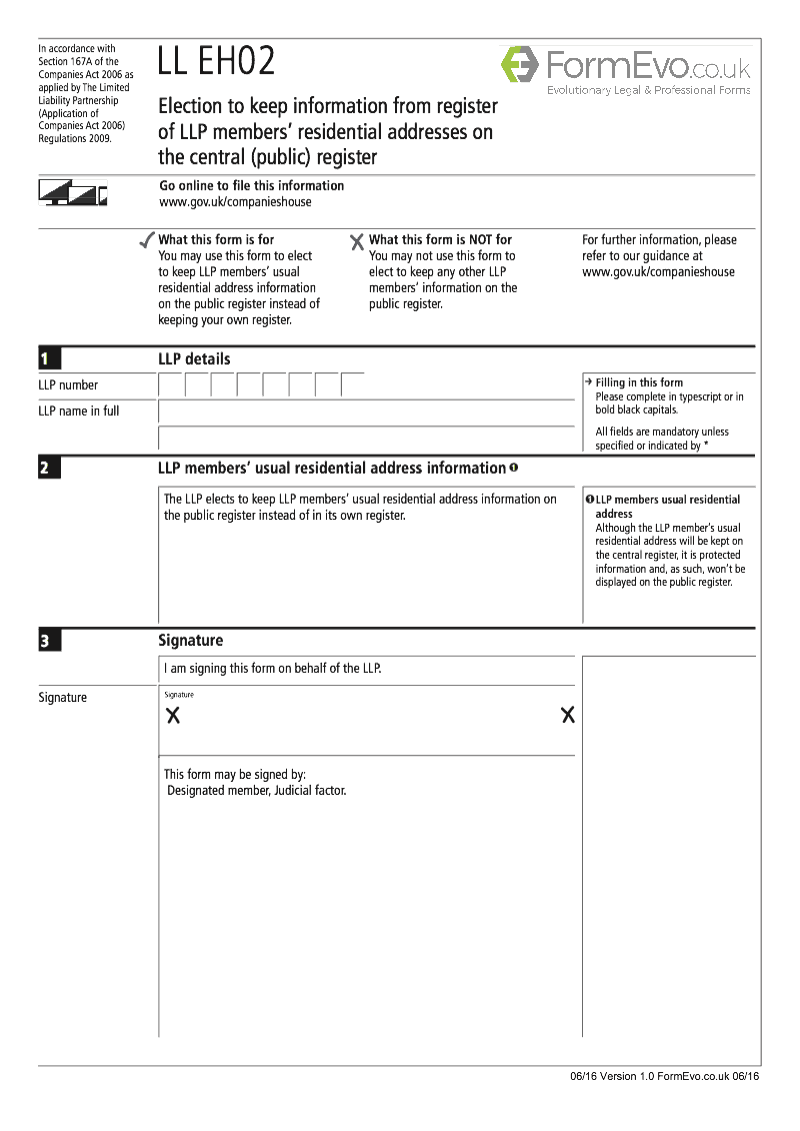 LL EH02 Election to keep information from register of LLP members residential addresses on the central public register Section 167A of the Companies Act 2006 preview