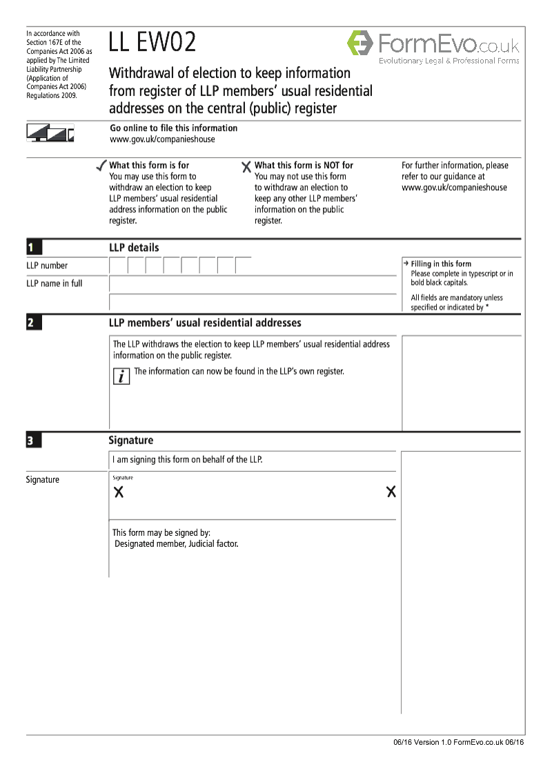 LL EW02 Withdrawal of election to keep information from register of LLP members usual residential addresses on the central public register Section 167E of the Companies Act 2006 preview