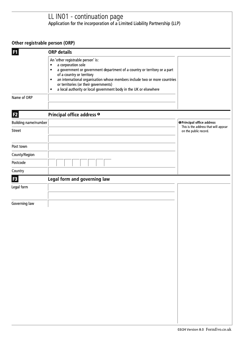 LL IN01 Continuation Page 5 Section F Other registrable person ORP continuation page LLIN01 Application for the incorporation of a Limited Liability Partnership LLP preview