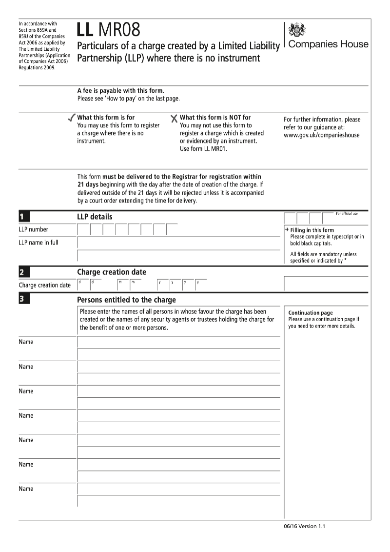 LL MR08 Particulars of a charge created by a Limited Liability Partnership LLP where there is no instrument Sections 859A and 859J preview