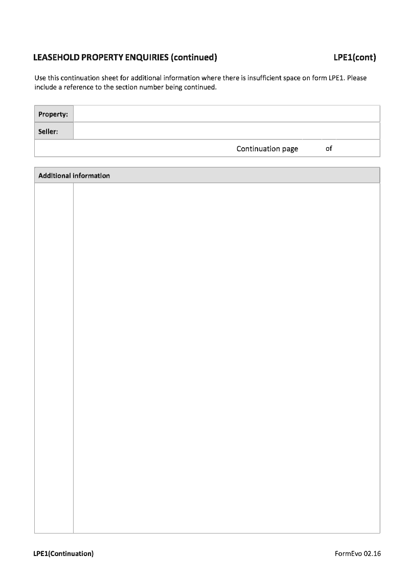 LPE1 Continuation Continuation sheet for LPE1 form Leasehold Property Enquiries Second Edition 2015 preview