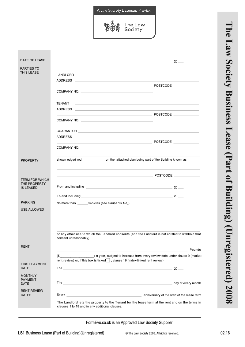 LS1 Unregistered Business Lease Part of Building Unregistered 2008 Law Society preview