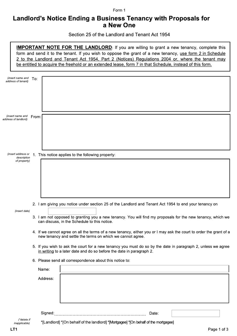 LT1 Landlord s notice ending a business tenancy with proposals for a new one Landlord and Tenant Act 1954 section 25 Form 1 preview