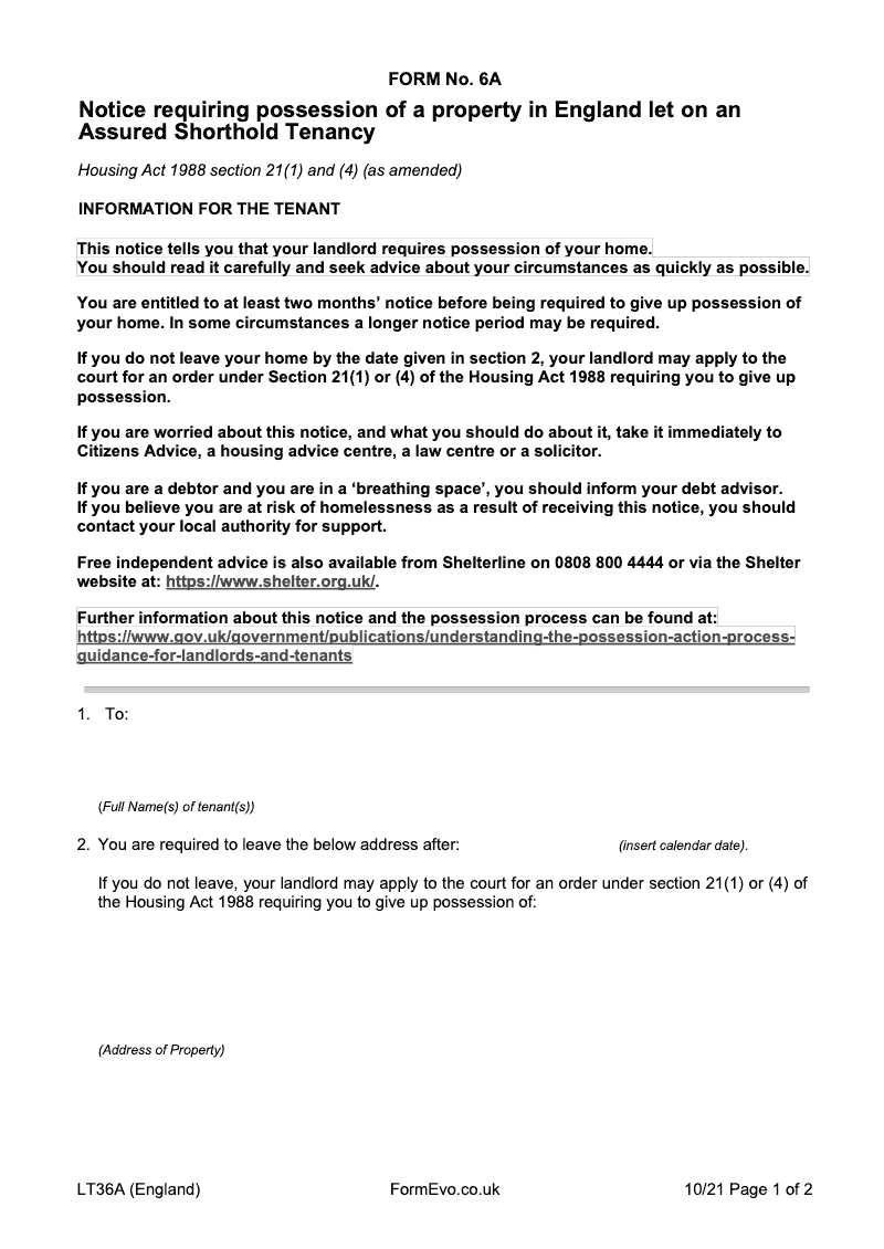 LT36A Notice seeking possession of a property let on an assured shorthold tenancy Housing Act 1988 section 21 1 and 21 4 as amended Form 6A England preview