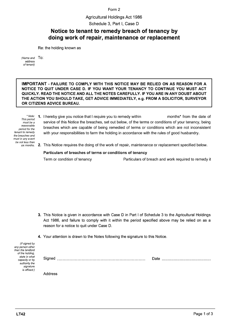 LT42 Notice to tenant to remedy breach of tenancy by doing work of repair maintenance or replacement Agricultural Holdings Act 1986 schedule 3 Part I case D preview