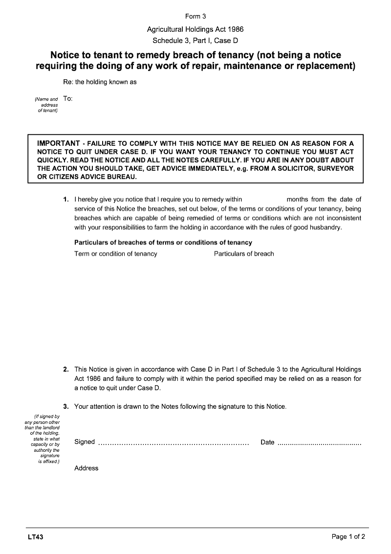 LT43 Notice to tenant to remedy breach of tenancy not being a notice requiring the doing of any work of repair maintenance or replacement Agricultural Holdings Act 1986 schedule 3 Part I case D preview