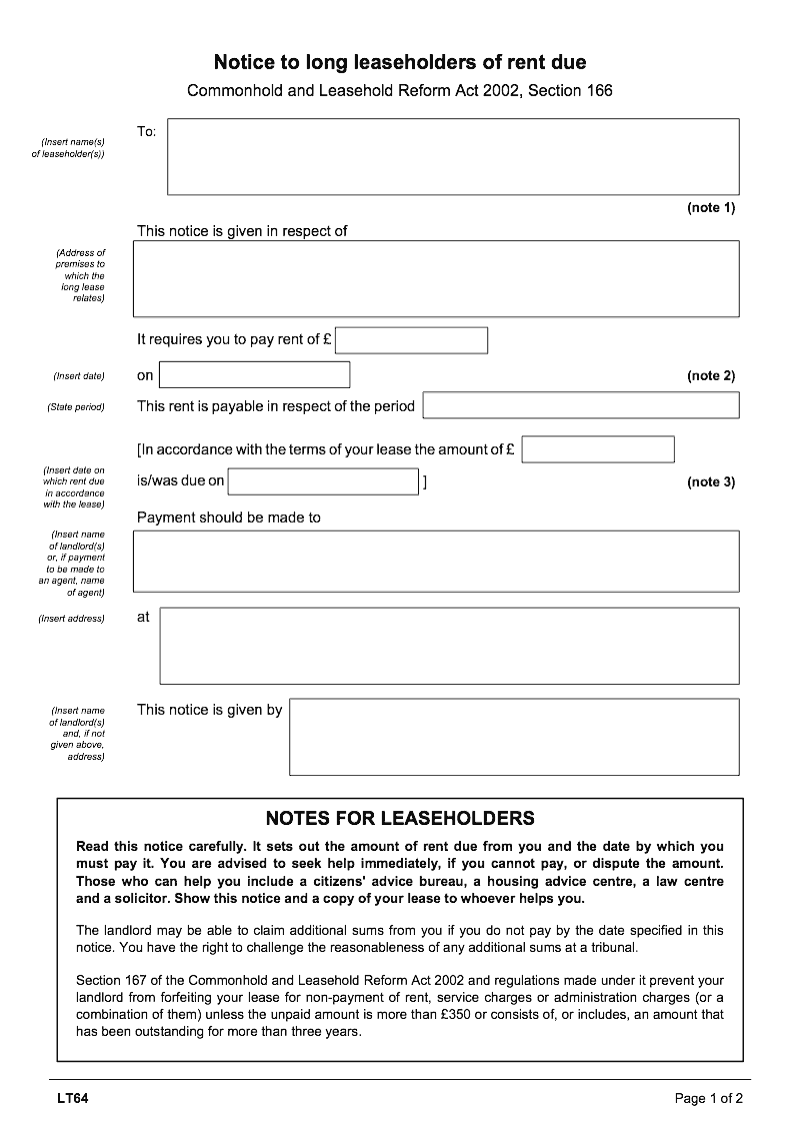 LT64 Notice to long leaseholders of rent due Commonhold and Leasehold Reform Act 2002 section 166 preview