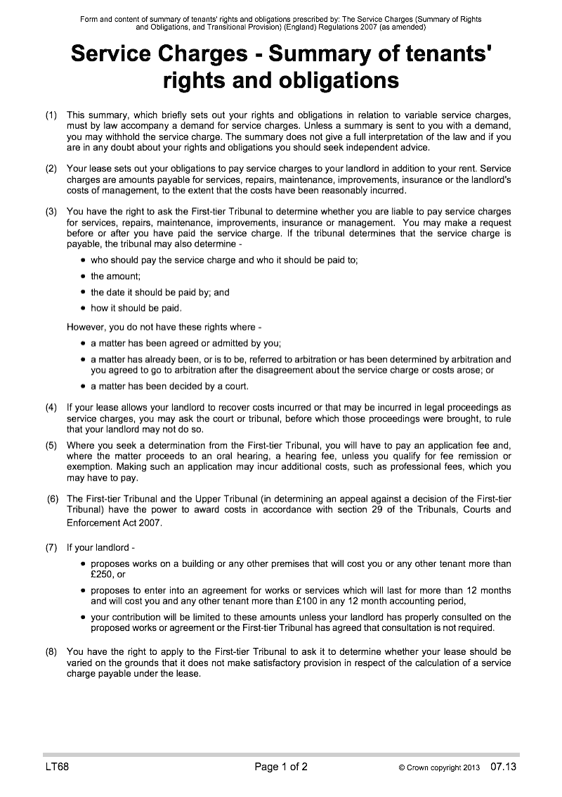 LT68 Service Charges Summary of tenants rights and obligations preview