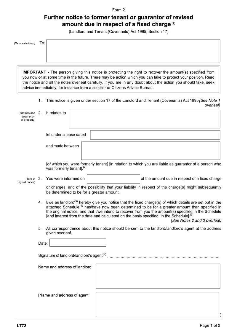 LT72 Further notice to former tenant or guarantor of revised amount due in respect of a fixed charge Landlord and Tenant Covenants Act 1995 Section 17 Form 2 preview