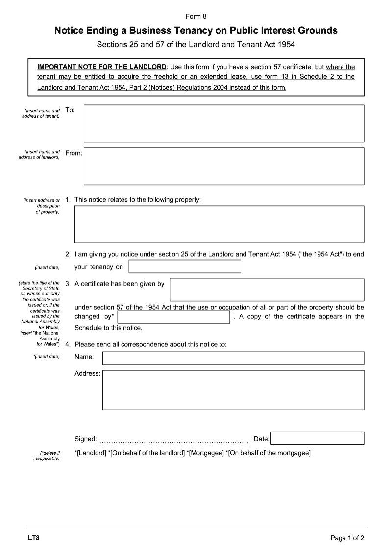 LT8 Notice ending a business tenancy on public interest grounds Landlord and Tenant Act 1954 sections 25 and 57 Form 8 preview