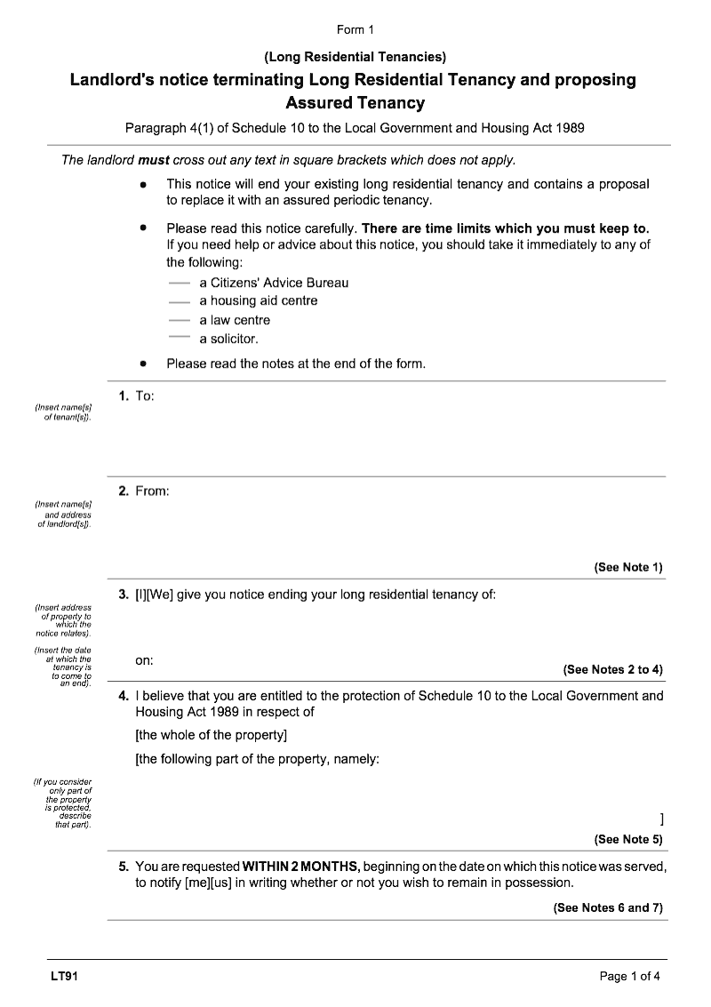 LT91 Landlord s notice terminating Long Residential Tenancy and proposing Assured Tenancy Local Government and Housing Act 1989 paragraph 4 1 of schedule 10 Form 1 preview