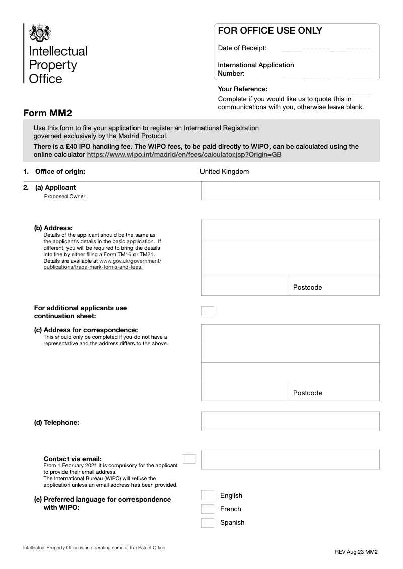 MM2 Application to register an International Registration including Fee Sheet FS4 preview