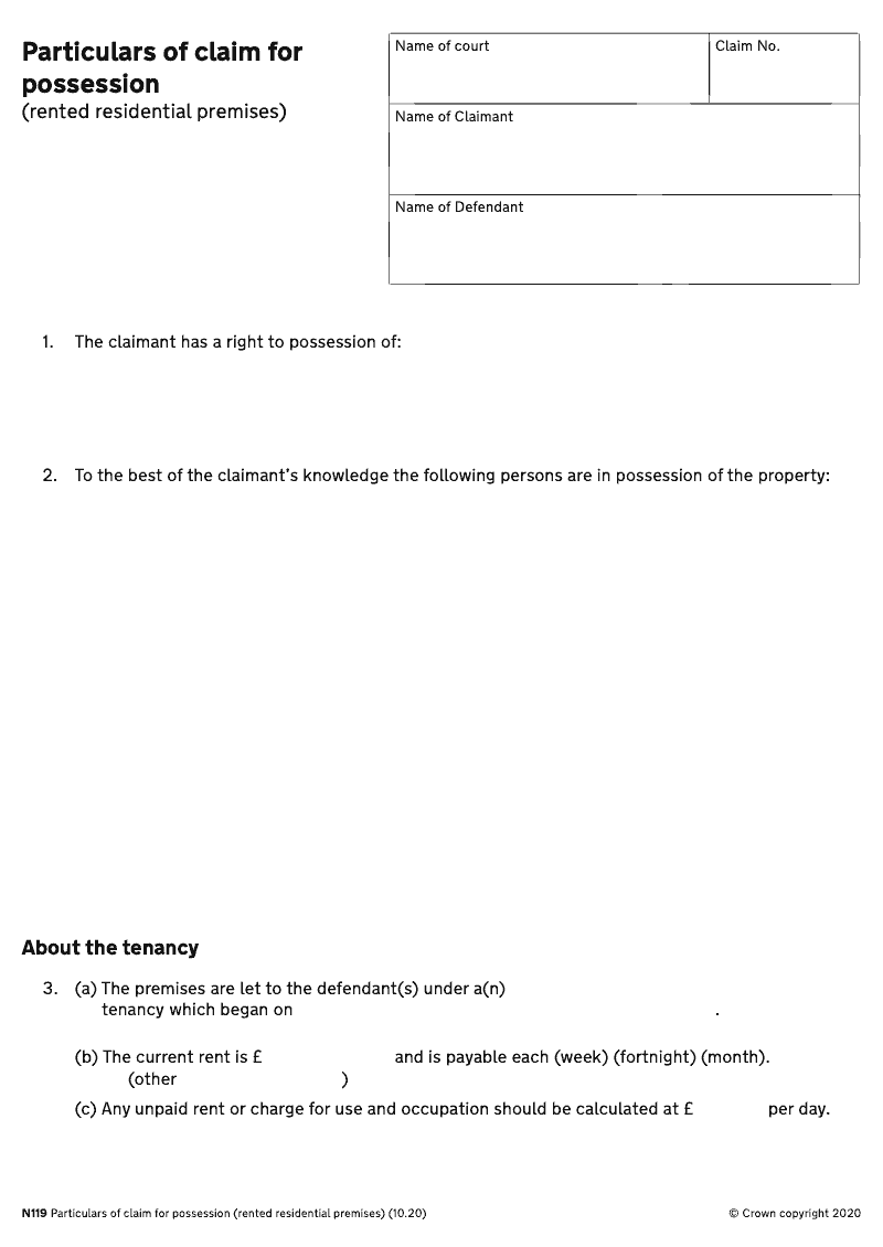 N119 Long Particulars of claim for possession rented residential premises extended version preview