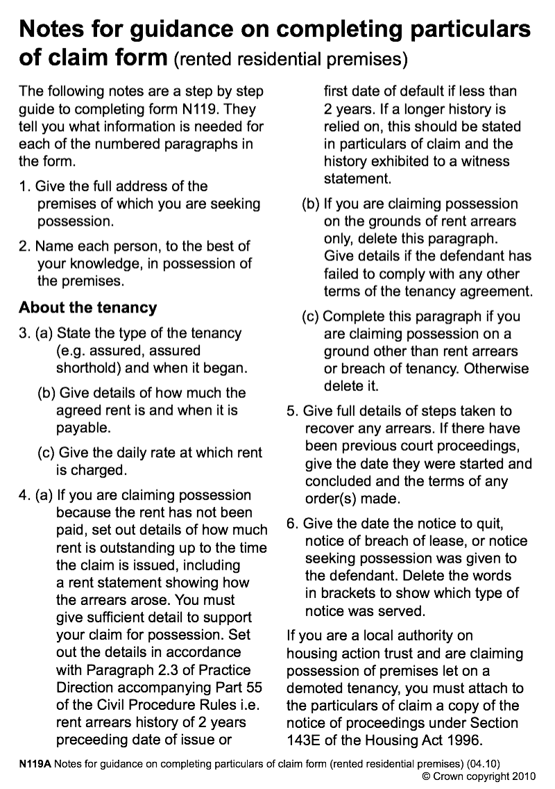 N119A Notes for guidance on completing particulars of claim form rented residential premises preview