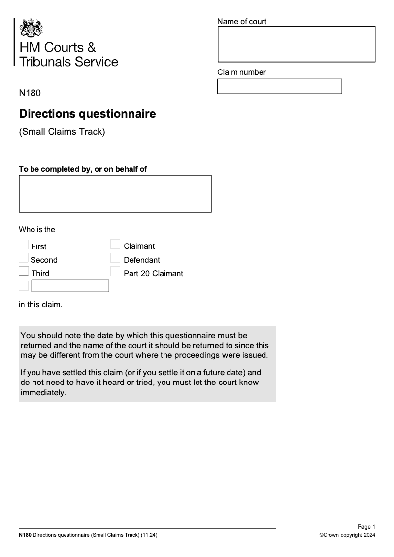 N180 Directions questionnaire Small Claims Track preview