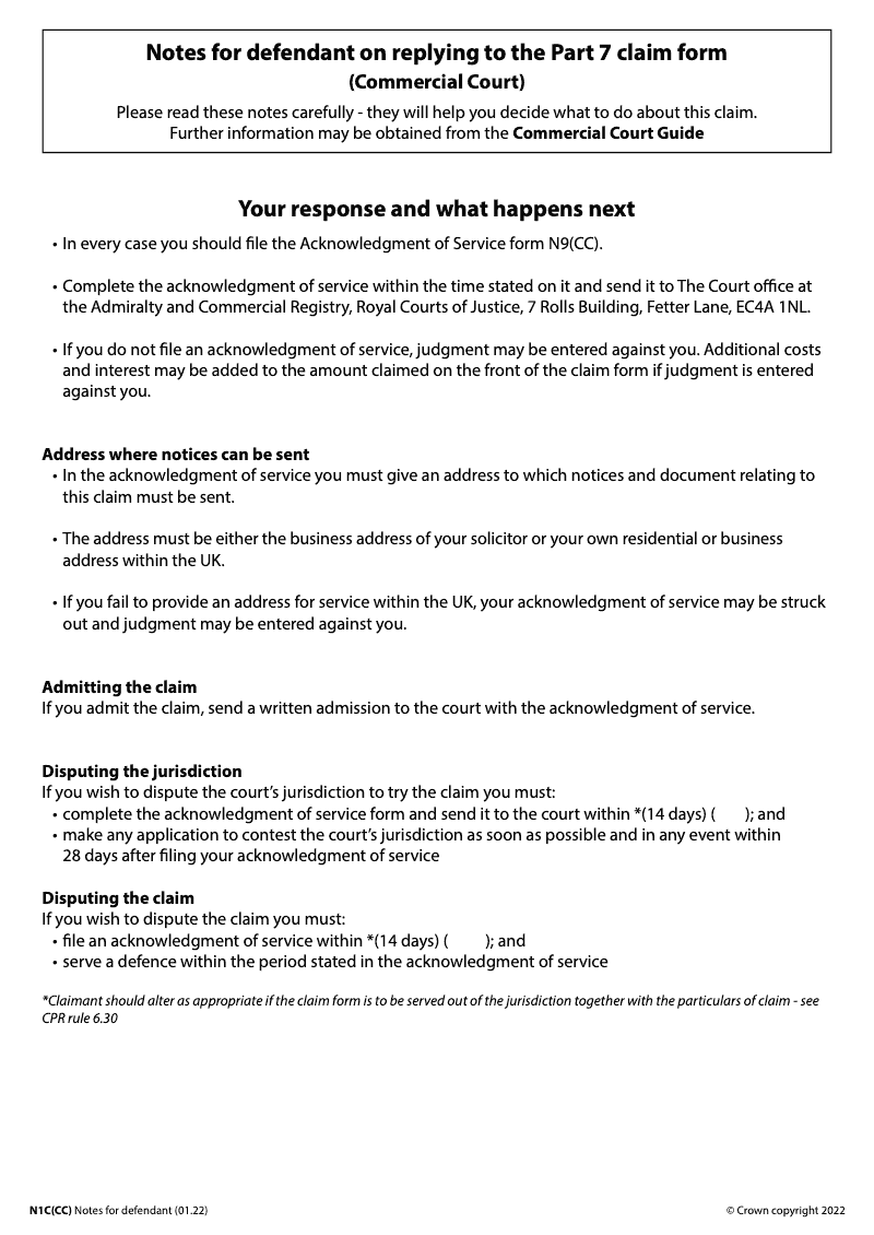 N1C CC Notes for defendant on replying to the Part 7 claim form Commercial Court preview