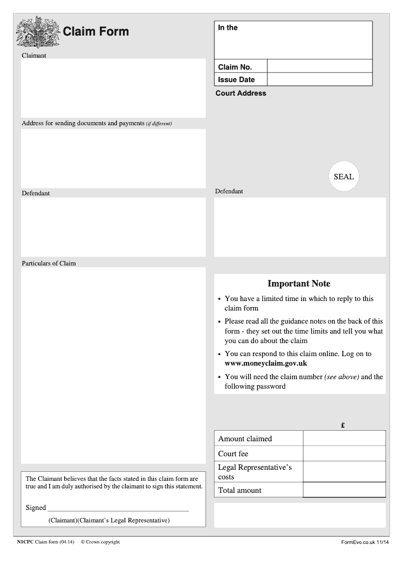 N1CPC Claim form preview