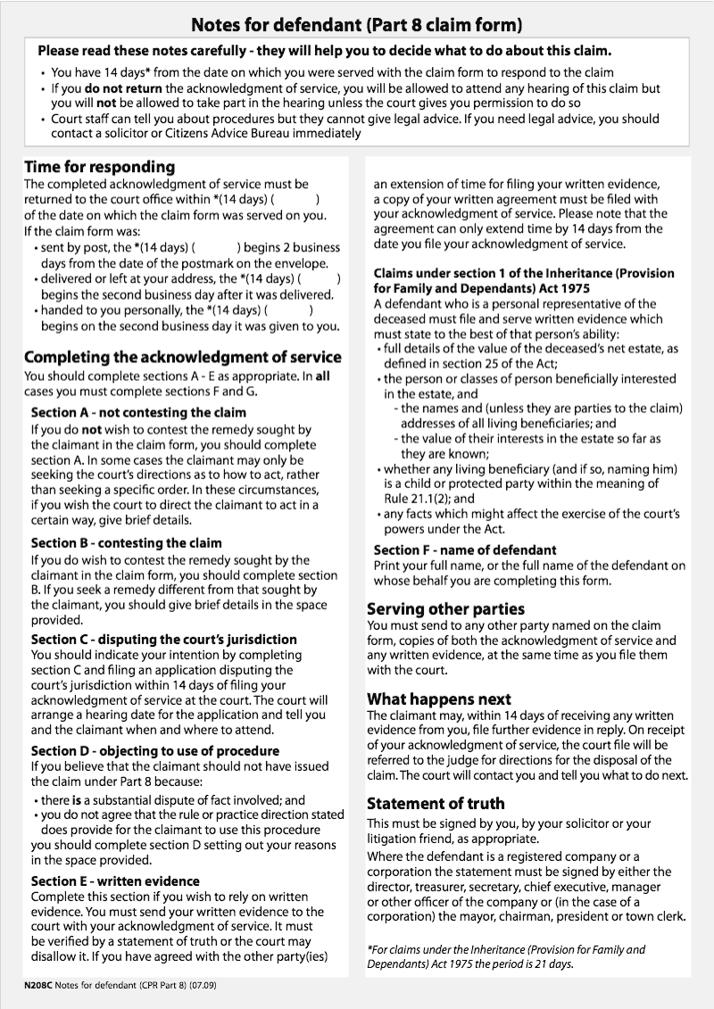 N208C Notes for defendant Part 8 claim form preview
