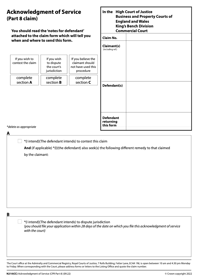 N210 CC Acknowledgment of service Part 8 claim Commercial Court preview