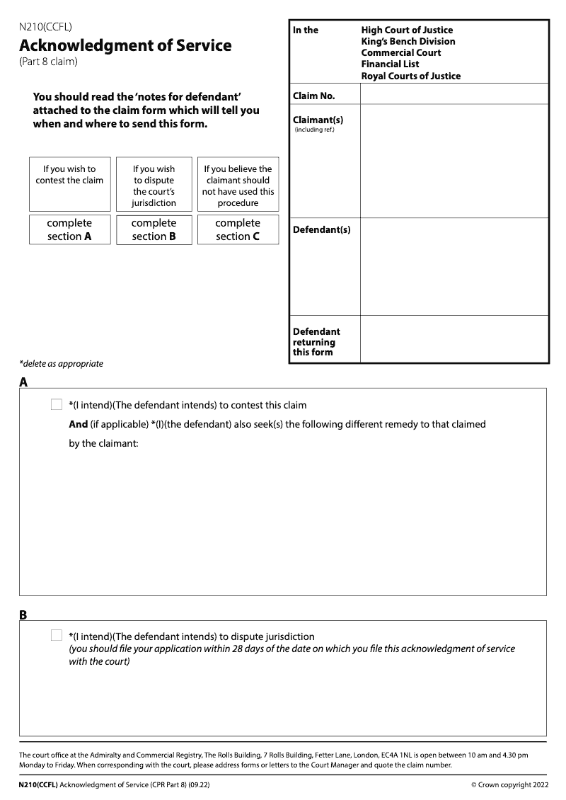 N210 CCFL Acknowledgment of service for the Financial List Part 8 claim Commercial Court preview