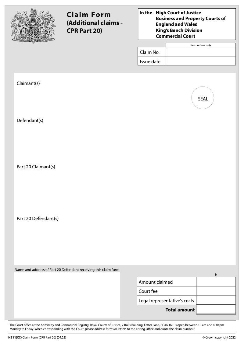 N211 CC Claim Form Additional claims CPR Part 20 Commercial Court preview