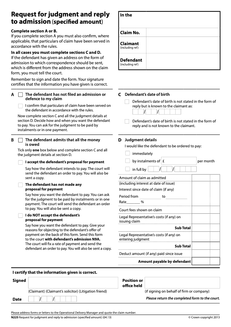N225 Request for judgment and reply to admission specified amount preview