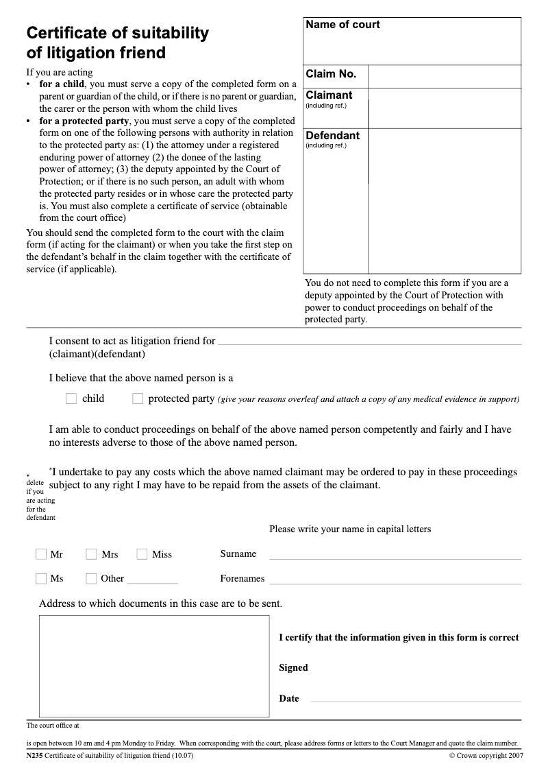 N235 Certificate of suitability of litigation friend preview