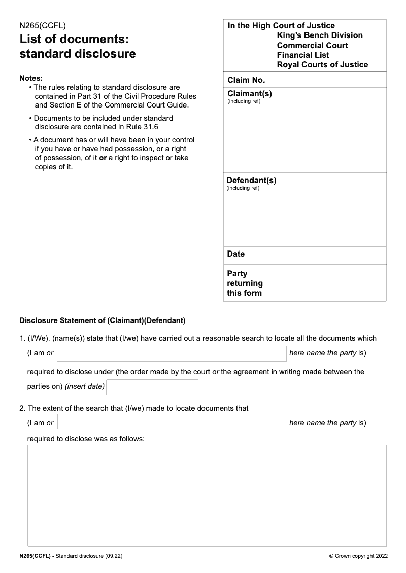 N265 CCFL List of documents standard disclosure in the Financial List Commercial Court preview