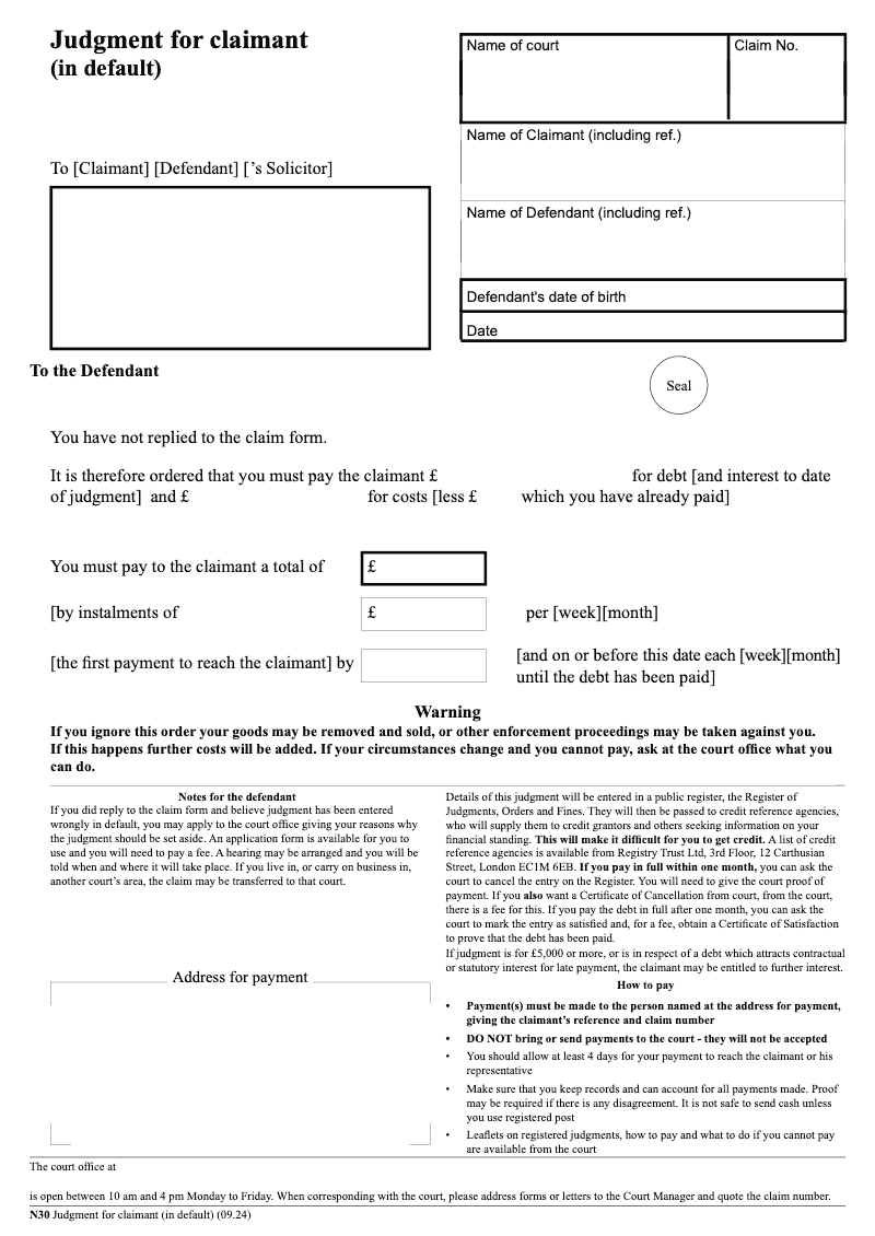 N30 Judgment for Claimant in default preview