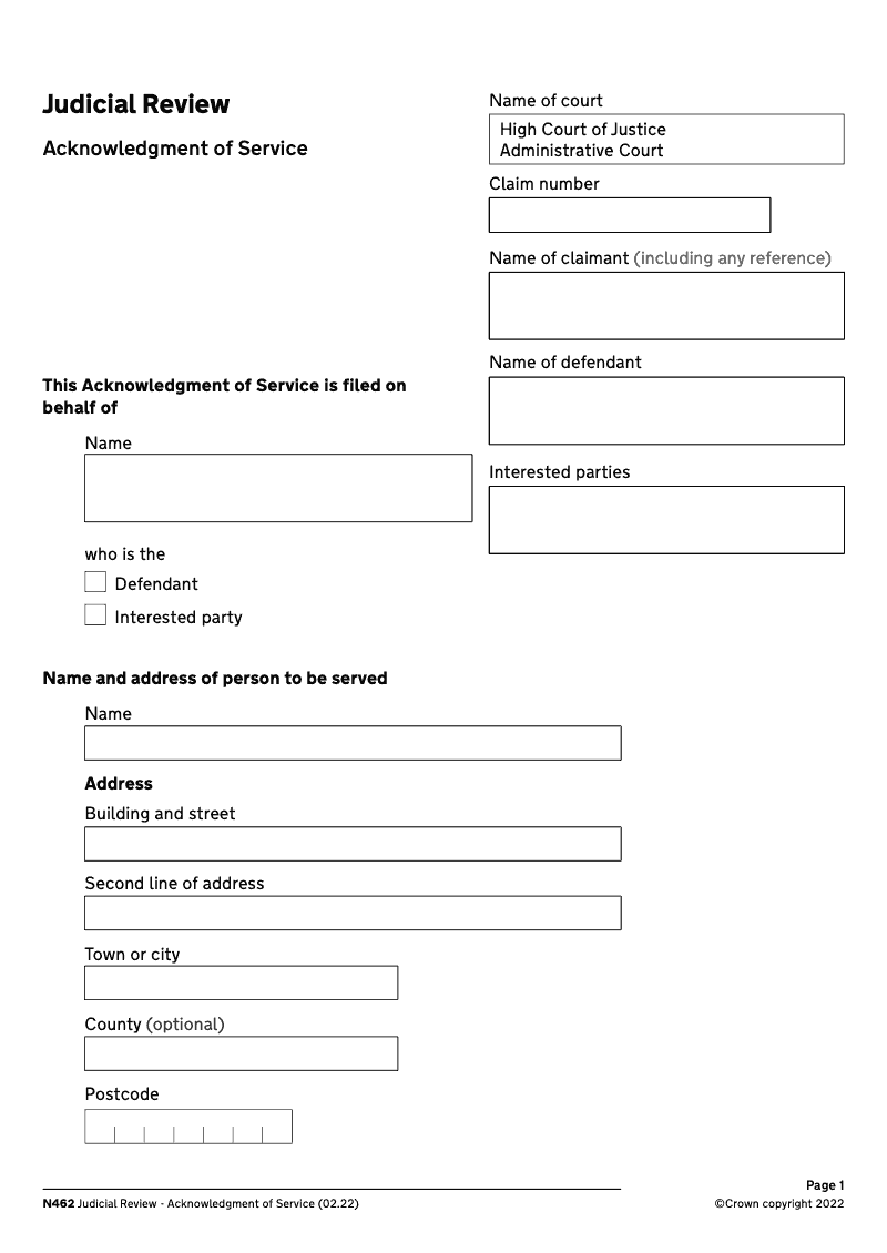 N462 Acknowledgment of service Judicial Review preview