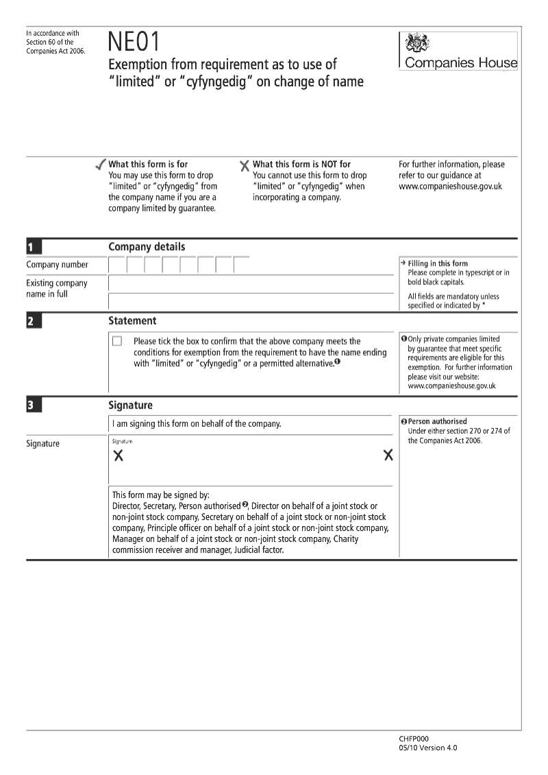 NE01 Exemption from requirement as to use of limited or cyfyngedig on change of name Section 60 preview